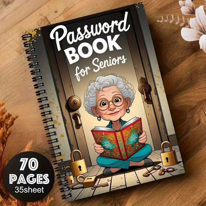 Home Security For Seniors - 2/5パック漫画スパイラルパスワードノートブック（高齢者向け）-ロックデザイン付き70ページ、高齢者向けキャラクターアート、安全なパスワードとログインオーガナイザー、インターネット、コンピューター、家庭またはオフィスでの使用に最適、高度なセキュリティツール、楽しいカバーアート、セキュリティをテーマにしたデザイン、ノートブック、日記帳